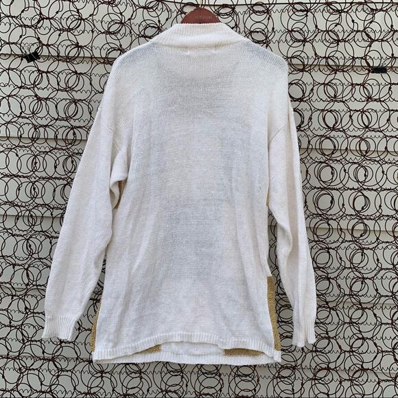 Vintage 90s Maurada white gold metallic knit tunic sweater gold bead snowflake - Picture 2 of 9
